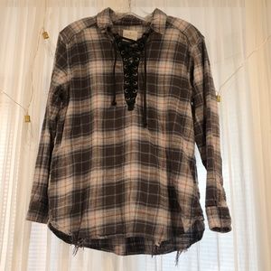 Lace Up Neck Long Sleeve Flannel